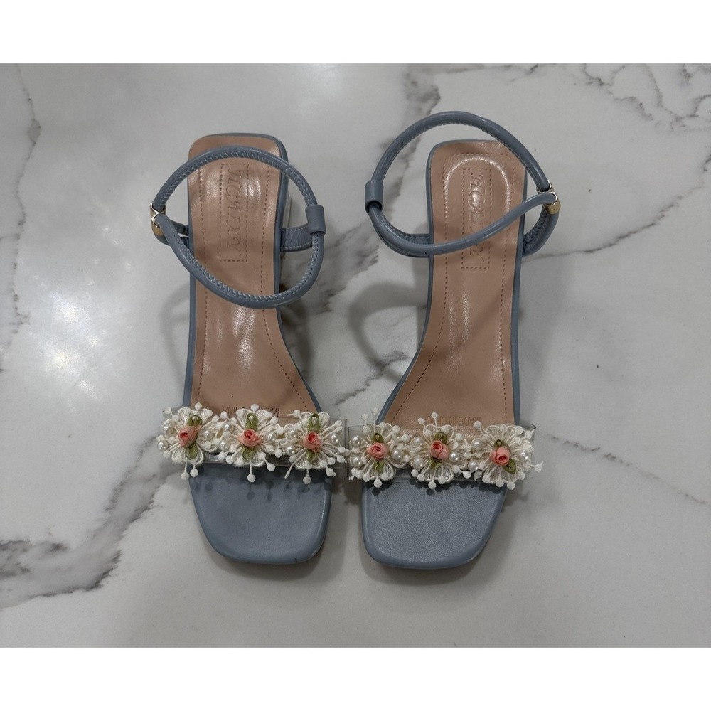 JCAXY Sandals Shoes Womens Size 7 Blue Floral Beaded Ankle Strap Block Heel